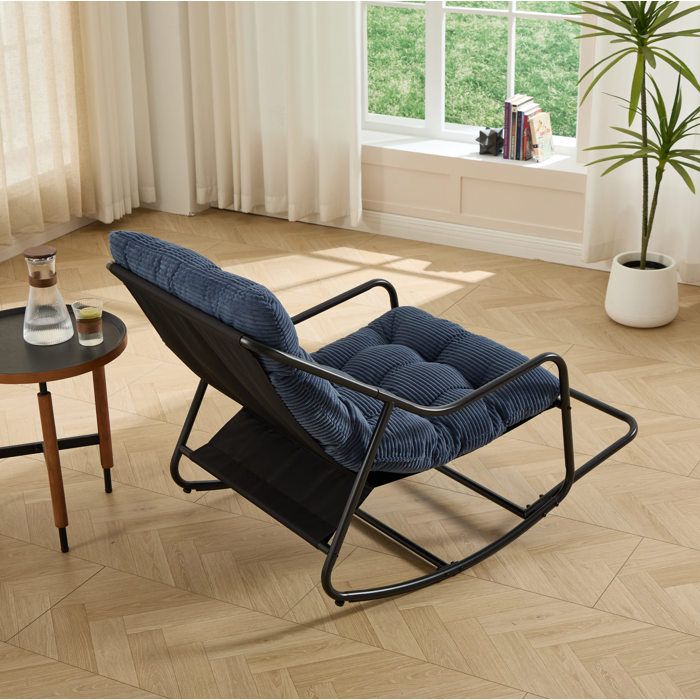Fauteuil à bascule d’extérieur AESVAR en acier coussin épais bleu marine cadre noir 116 x 75 x 82 cm