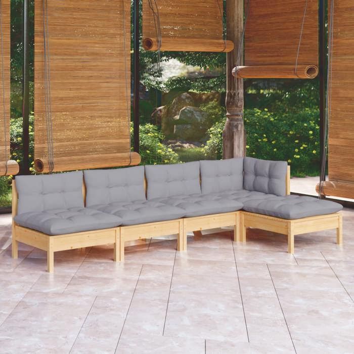 Gris Salon de jardin 5 pcs avec coussins gris bois de pin - Meuble de balcon LV51028