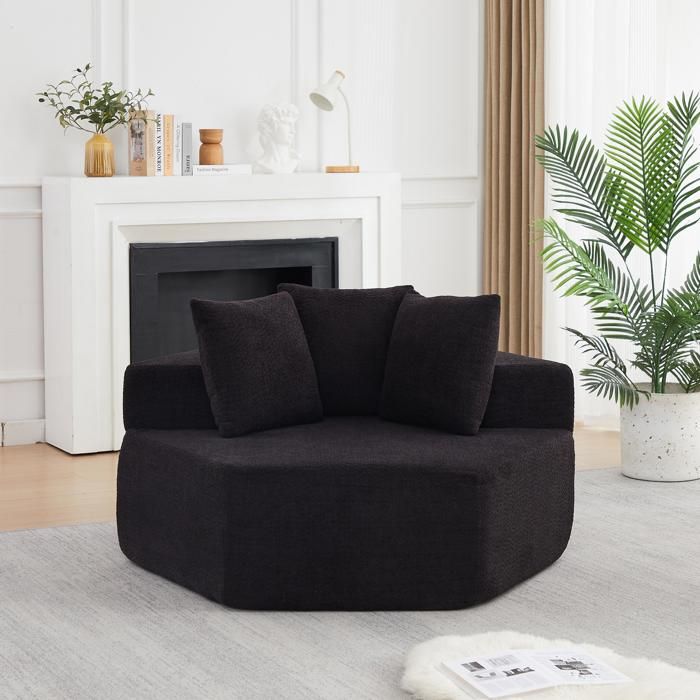 Fauteuil Simple - 122x138x76cm - Modulable en Chenille Bouclée avec 3 Coussins & Ressorts Ensachés - Noir