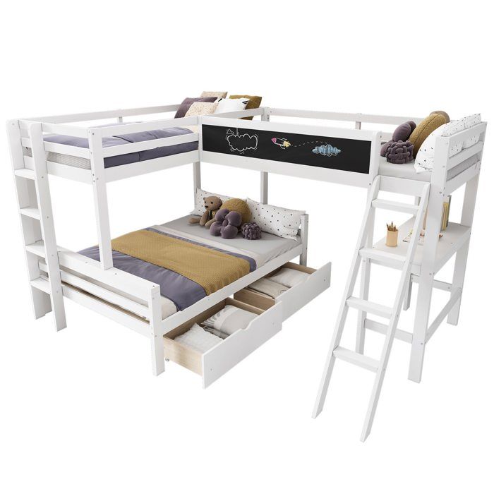 Lit triple superposé 140x200 + 90x200 cm pour trois enfants tiroirs bureau et étagère pin blanc