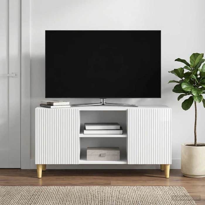 Meuble HIFI - Meuble TV Blanc Brillant 102 x 345 x 50 cm en Bois dingénierie avec rangement multimédia pour Salon 503245