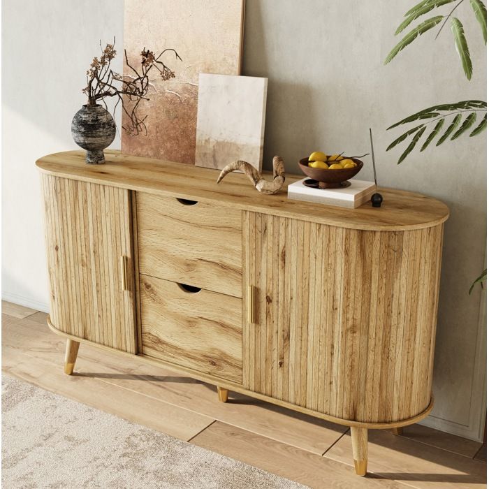 ULEVR Buffet bas 140 cm MDF aspect bois naturel 2 portes coulissantes 2 tiroirs coins arrondis