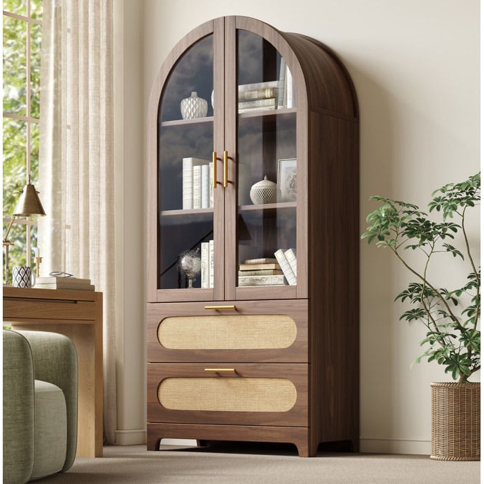 Vitrine haute AESVAR Montmartre 80x40x175 cm 2 portes vitrées 2 tiroirs bois effet noyer
