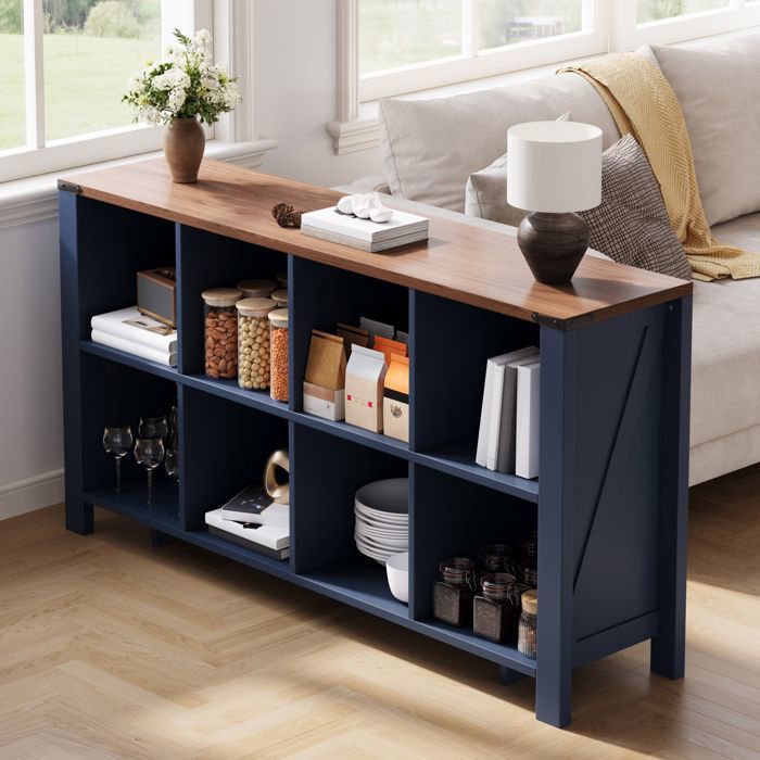 Meuble de rangement 8 compartiments SENVIRO - 140 x 34 x 75 cm bleu idéal pour livres vaisselle