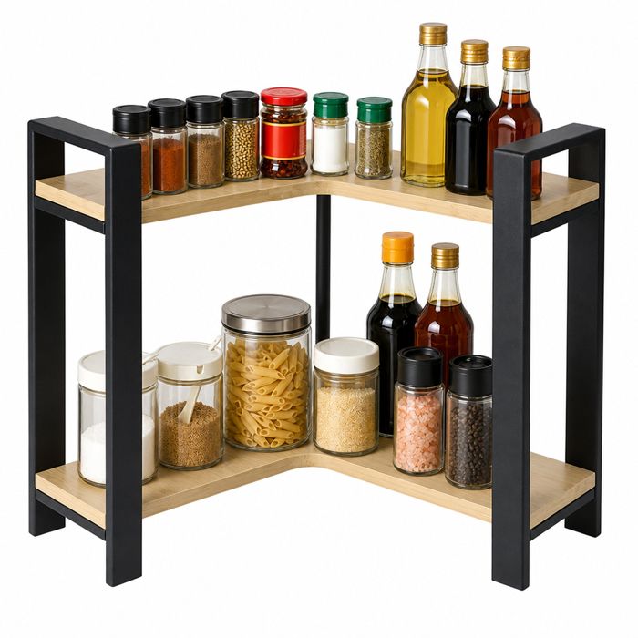 Étagère à épices en bois massif écologique à 2 niveaux - QUIIENCLEE - Fer - Étagère dangle - Organisateur cuisine en L
