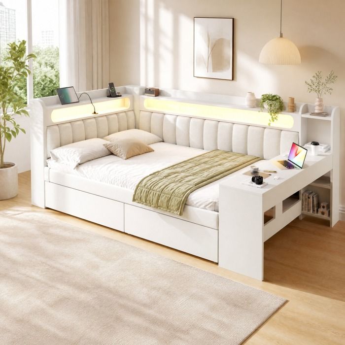 Lit combiné - ZEVKOR - 140 x 200 cm - LED 7 couleurs - Ports USB - Bureau intégré et 2 tiroirs