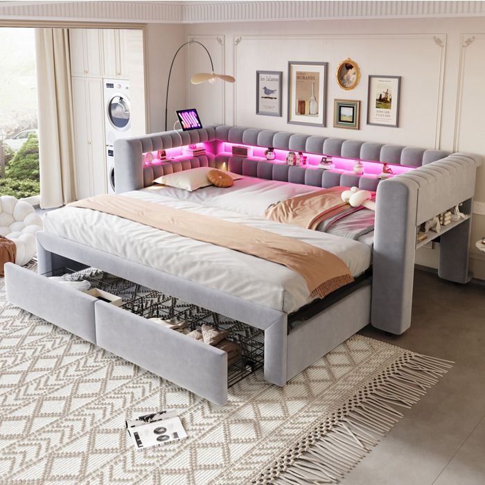 Lit combiné convertible 90 x 190 cm en 180 x 190 cm velours gris clair LED USB avec tiroirs