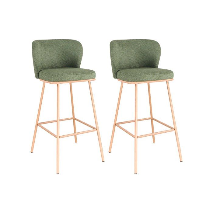 Lot de 2 tabourets de bar en tissu texturé et métal effet bois - Vert et Naturel - SENORASE Lot de 2 tabourets de bar en tissu texturé et métal effet bois - Vert et Naturel - SENORASE