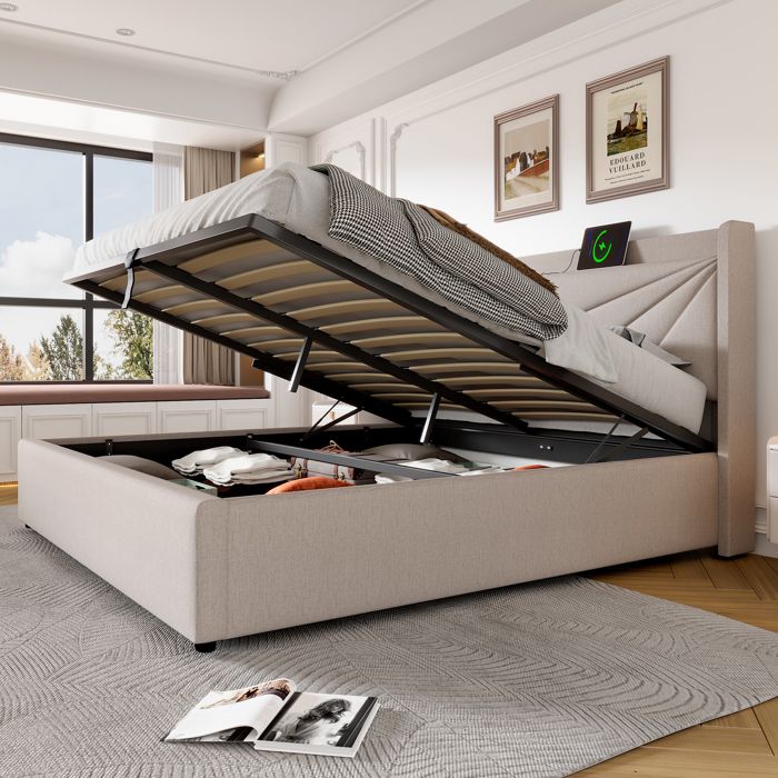Lit double 180x200cm lin coffre rangement tête USB-C sommier lattes adulte/ado Lit double 180x200cm lin coffre rangement tête USB-C sommier lattes adulte/ado
