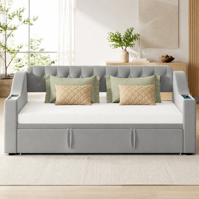 Lit combiné velours gris 90x190 cm - USB rangements et conversion hydraulique