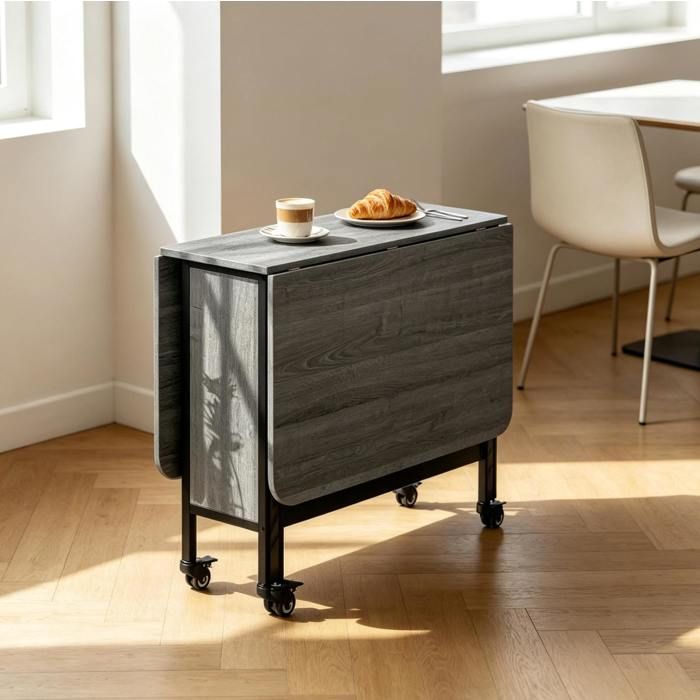 WOVREO Table à manger pliante extensible à roulettes rangement central plateaux rabattables gris