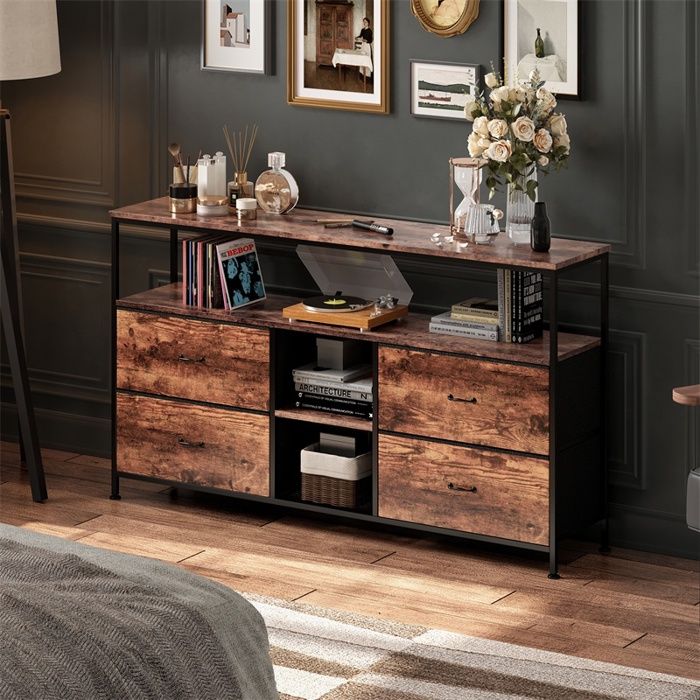 Meuble TV 108x29 5x79 5cm - avec LED buffet bas 4 tiroirs en tissu aspect bois étagères métal salon - Marron vintage Meuble TV 108x29 5x79 5cm - avec LED buffet bas 4 tiroirs en tissu aspect bois étagères métal salon - Marron vintage