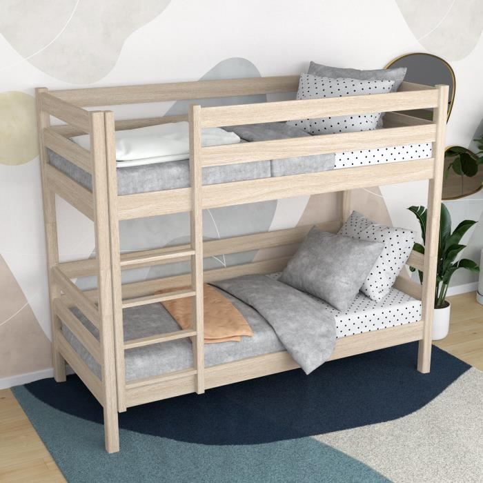 Lit superposé en bois massif 100x200 - adulte-enfant - N01 - Échelle à ...