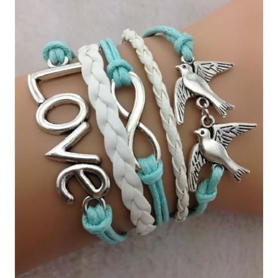 Bracelet - Love Infini - Couple doiseau - Bleu - Turquoise - Simili et Cuir