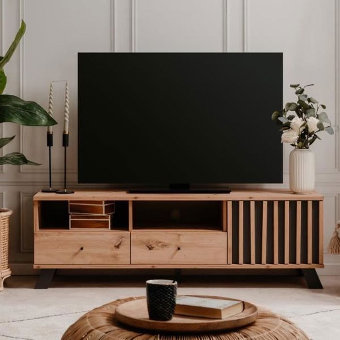 Meuble TV - MEDAN - 1 porte + 2 tiroirs - Chêne artisan et anthracite