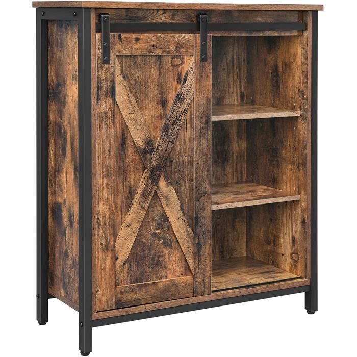 Soges Buffet Cuisine Porte Coulissante 70x30x80 Cm - Meuble Rangement Rustique Marron Avec Étagères - Style Grange Industriel