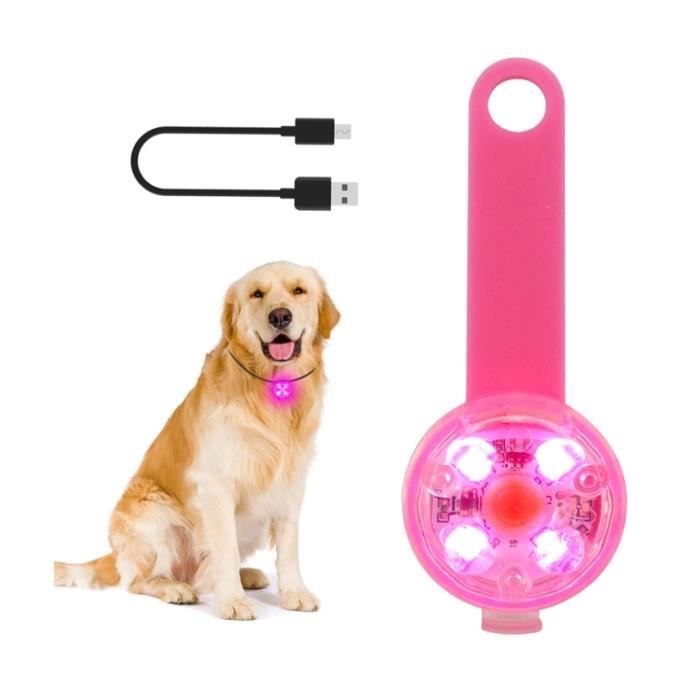 LED Lumiere Chien Rechargeable par USB pour Harnais Sécurité Pendentif Lumineux Chien avec Marque en Silicone Extensible Rose