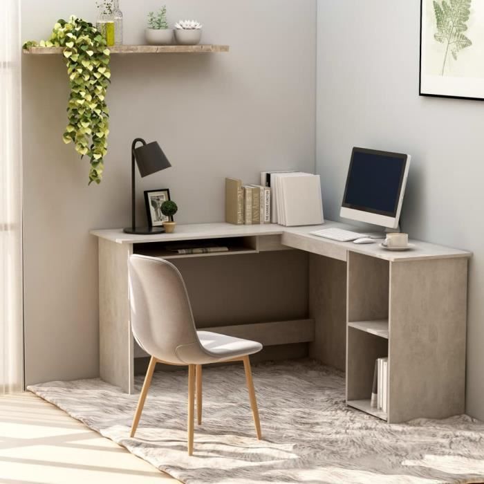 vidaXL Bureau dangle en forme de L Gris Béton Bois dingénierie 800751