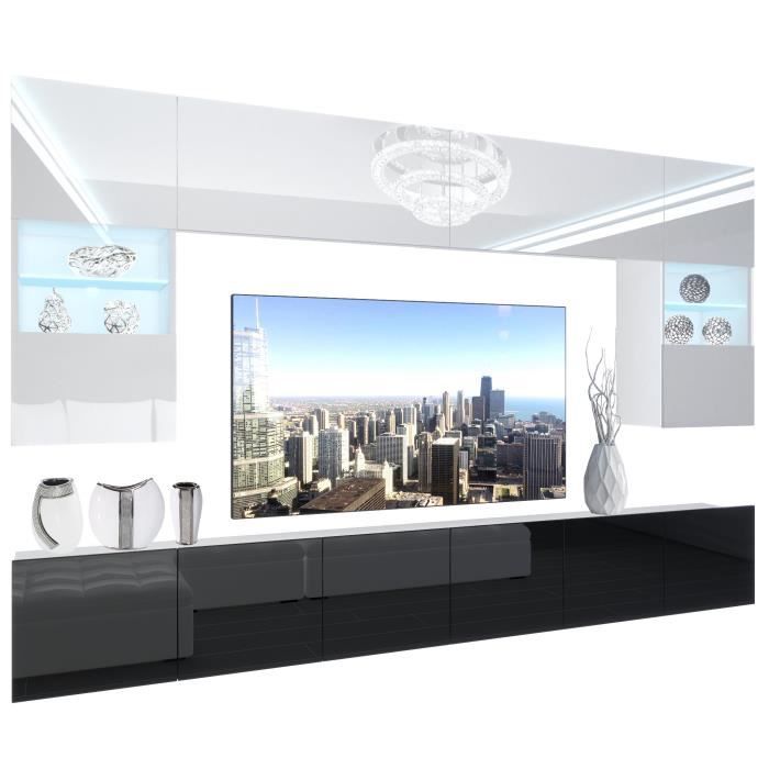 BELINI - Unité Murale TV NEX 1-0-W-WB-0-0-PP I Ensemble Muebles de Salon Complet LED I blanc très brillant-noir très brillant