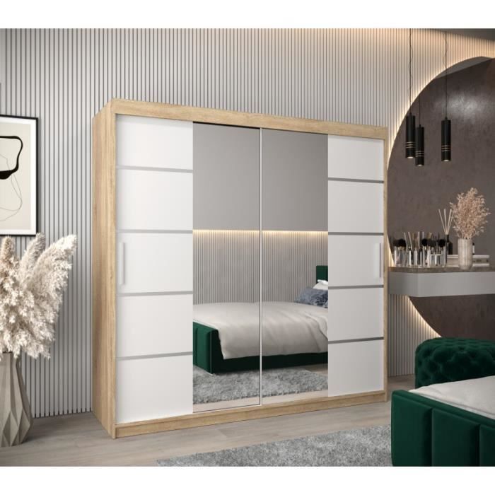 Armoire de Chambre VENTILA 4 Sonoma-Blanc 200 avec 2 Portes Coulissantes et Miroir Penderie (Tringle) avec étagères Sans tiroirs