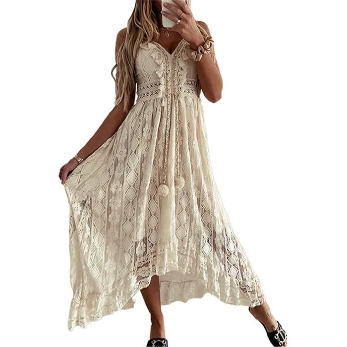 Robe Boheme Chic Robe Longue Femme Élégant Robe Brodée Blanche Dentelle