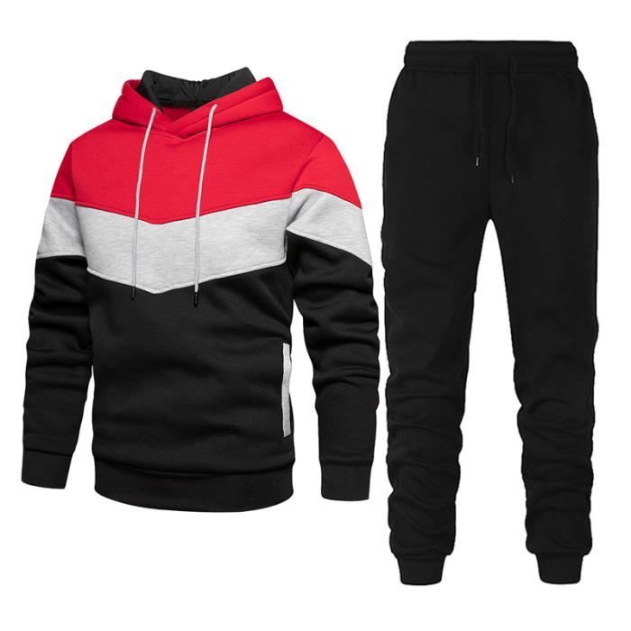 T-shirt à capuche patchwork pour homme - T-shirt de sport d'été à manches courtes - Col montant - Coupe ajustée - Pour homme - Manches courtes - Respirant - Taille M-3XL, rouge