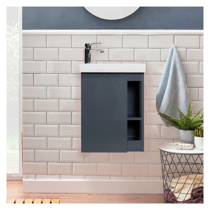 Meuble lave-mains suspendu gris anthracite avec vasque blanche - Gamme Hampton