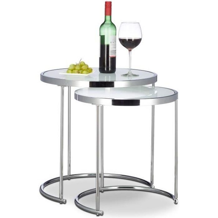 relaxdays, argenté d'appoint ronde console table basse plateau verre blanc cadre chrome lot de 2 design moderne, 51 x 50 x 50 cm