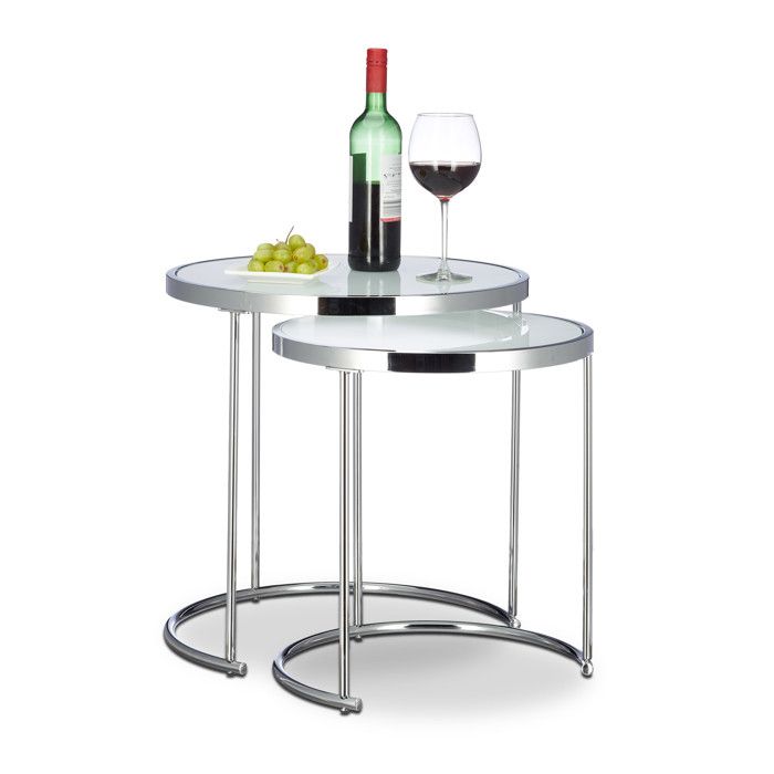 relaxdays, argenté d'appoint ronde console table basse plateau verre blanc cadre chrome lot de 2 design moderne, 51 x 50 x 50 cm