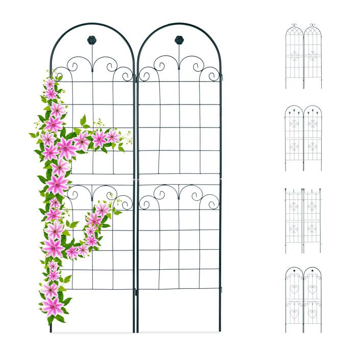 Lot de 2 treillis Relaxdays métal 180 x 50 cm tuteur jardin vintage arche & motif floral à planter vert foncé