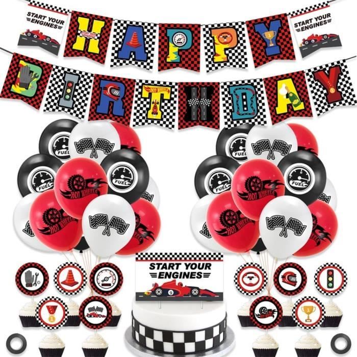 Kit Décoration Anniversaire 1 An Thème Course Auto - 125 Pièces Noir Et Blanc à Damiers