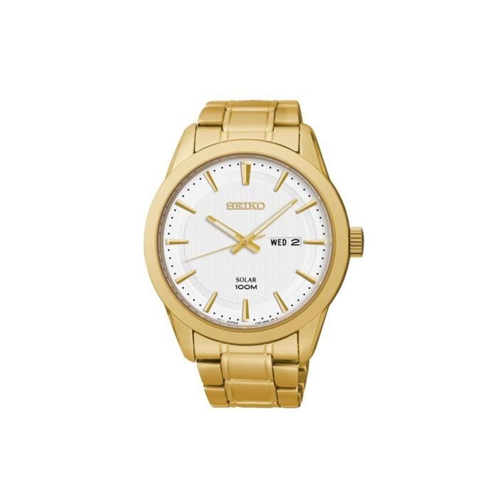 seiko - sne366p1 - solar - montre homme - automatique analogique - cadran blanc - bracelet acier plaqué doré