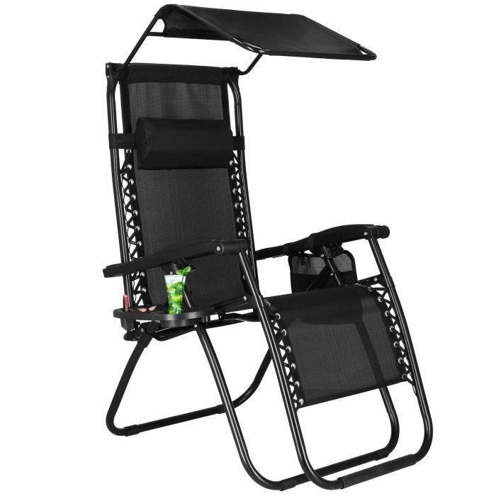 Chaise longue avec pare-soleil SPRINGOS - Noir - 62 x 110 cm - Charge max. 130 kg - Hauteur totale 112 cm