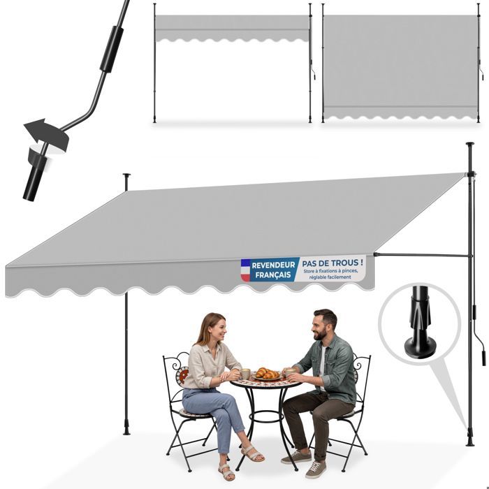 Store banne - TECTAKE - Store à pince sans perçage avec manivelle réglable protection UV et étanche 350 x 180 cm - Gris clair