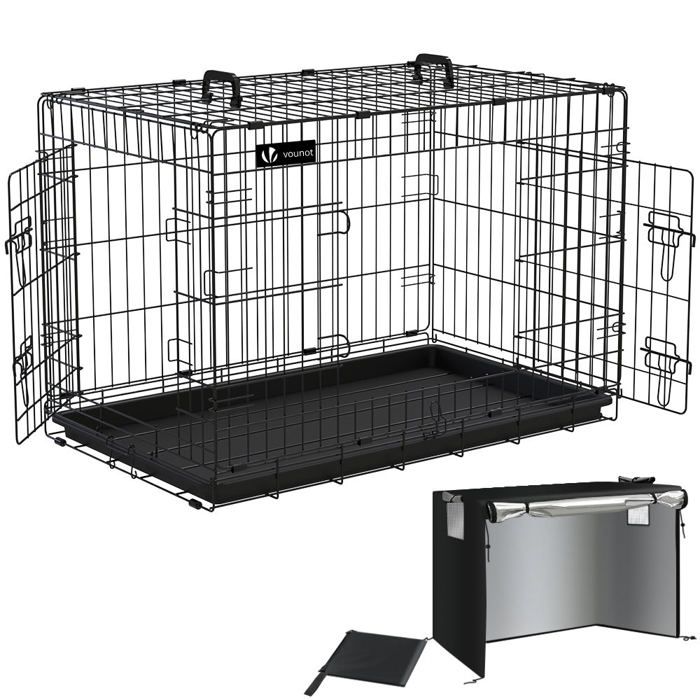 VOUNOT® Cage pour chien pliable avec housse de protection - 92x58x64cm - 2 portes verrouillable et plateau amovible VOUNOT® Cage pour chien pliable avec housse de protection - 92x58x64cm - 2 portes verrouillable et plateau amovible