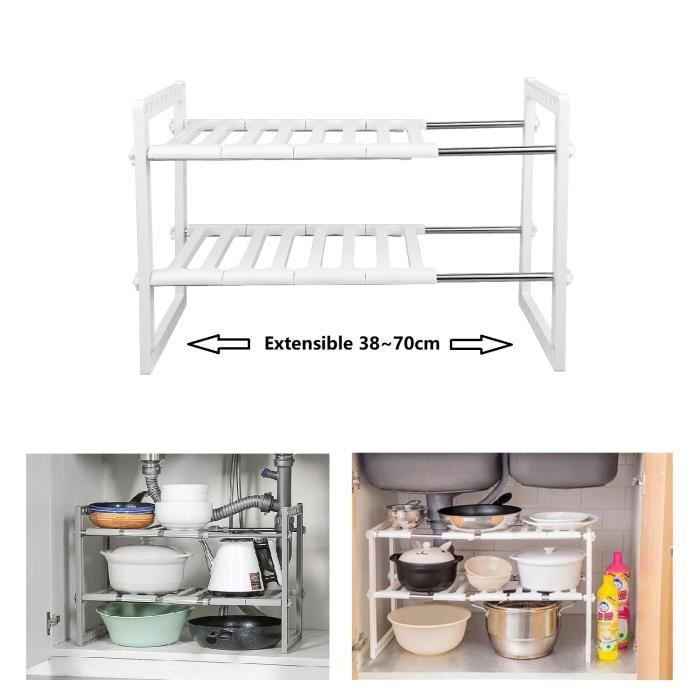 Meuble sous évier - WILLONIN - Etagère extensible 38-70cm - Blanc - Rangement cuisine et salle de bain