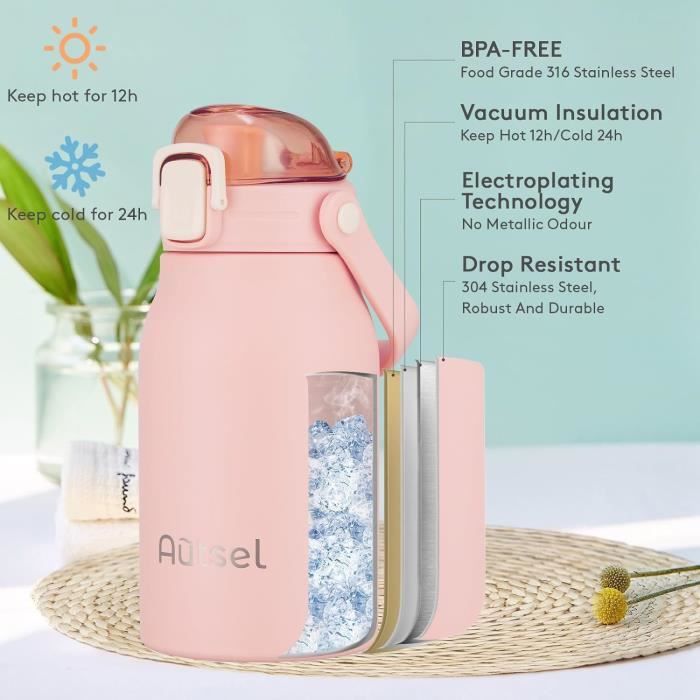 Vnurnrn Mignon Cheval Animal Européen Bouteille d'eau Isotherme avec Paille en Acier Inoxydable Gourde 600ML, Sans Bpa Gourdes Eau pour Enfant Sport Randonnée École Bureau