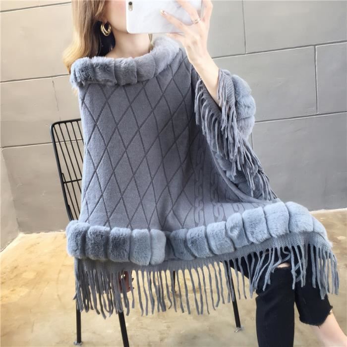 Poncho Femme Tricot Pull Capes Automne Hiver Pompon Imitation