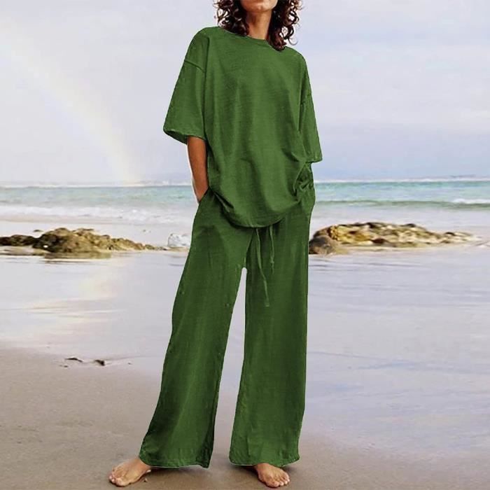 ENSEMBLE DE VETEMENTS Ensemble Femme 2 Pieces Coton et Lin Ete Pas Cher Chic Elegant Grande Vert