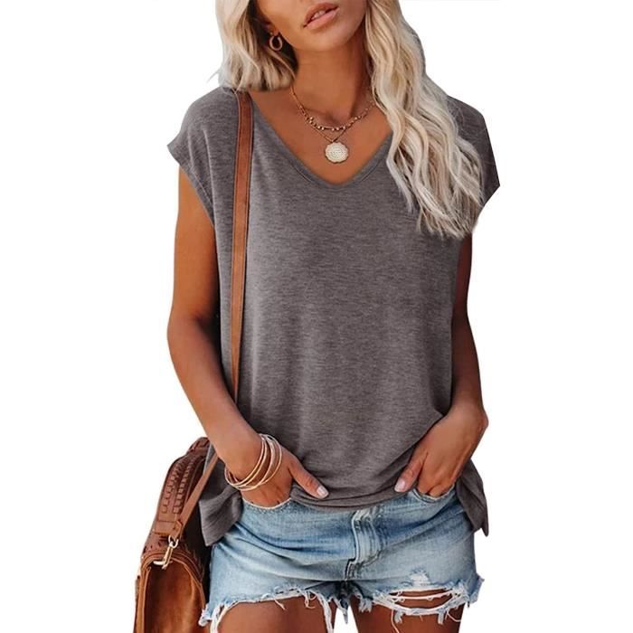 T Shirt Femme Grande Taille Ete Ample Brun Manches Courtes Col V Tissu Extensible Brun Cdiscount Pret a Porter