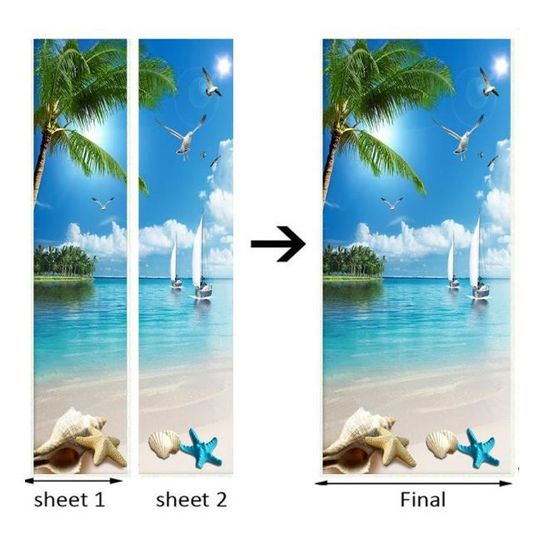 Sticker Porte Trompe-l'oeil 3D Paysage de Grèce, Autocollant Mural Vue sur la Mer, Décoration de Porte Lot de 2 (Total 77x200cm), Imperméable et Amovible pour Salon, Chambre et Cuisine m.1358