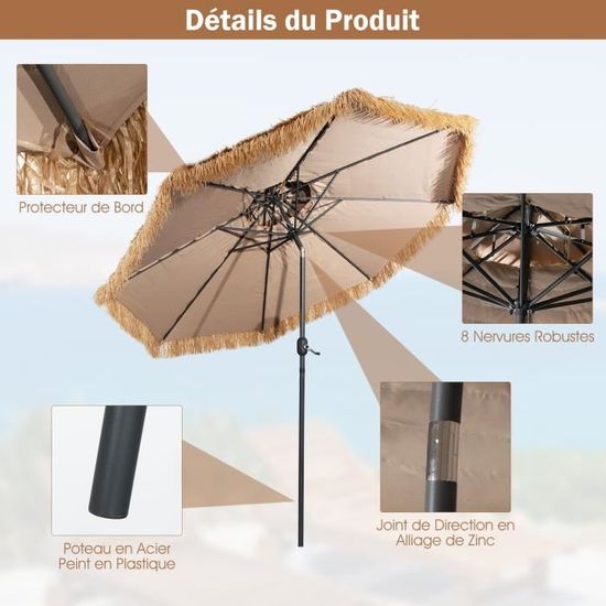 GOPLUS Parasol Paille Hawaïen 175cm - Parasol Plage Inclinable Hauteur Réglable 140-190cm - Avec Sac Transport
