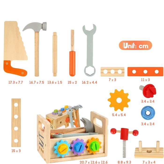 TIDEVAN – Boîte à Outils Enfant En Bois – 41 Pièces Avec établi – Hêtre Naturel – Dès 3 Ans – Jeu Montessori – Cadeau Garçon Fille