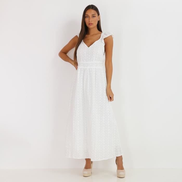 Robe longue blanche broderie anglaise Blanc Cdiscount Pr t