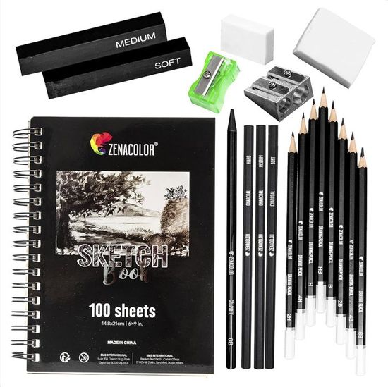 Kit Dessin Complet 19 Accessoires - Crayons, Charbon, Carnet A5 100 Pages - Débutant Et Pro