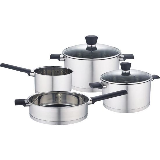 Batterie De Cuisine Baumalu 9 Pièces INOX Avec Couvercles En Verre - Compatible Induction Et Tous Feux