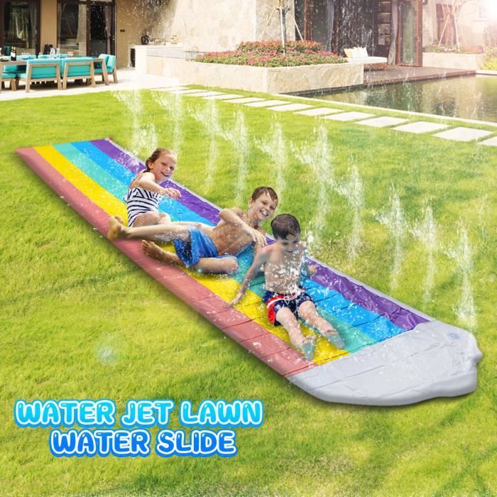 Toboggan Aquatique Tapis de Glisse Jeux Jardin Eau PVC 4.8m Accessoire Gonflable Plage Piscine Double Slide Nuage Arc-en-ciel
