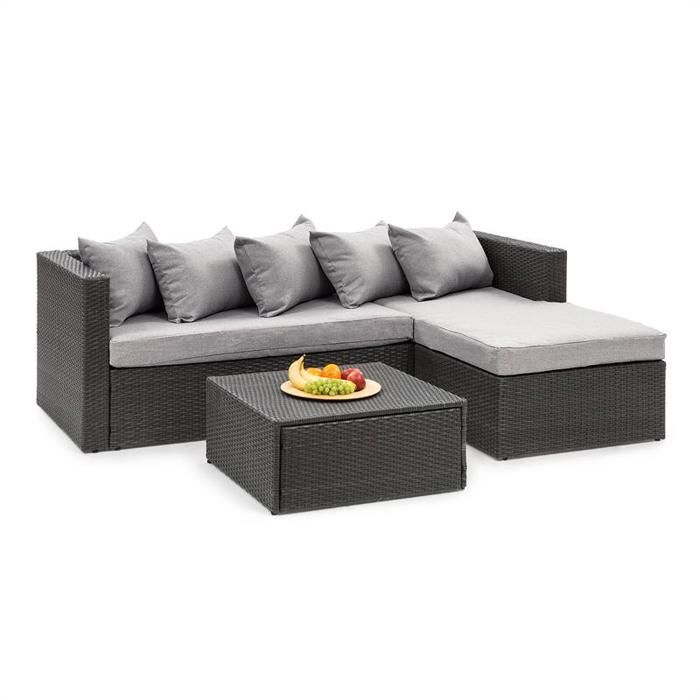 Blumfeldt Theia Lounge Salon de jardin 5 places résine tressée - canapé, table basse coussins & housses gris clair - poly rotin noir