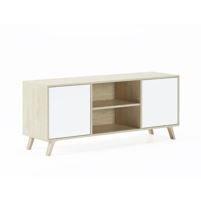 Meuble TV 140 avec 2 portes, salon, modèle WIND, structure couleur Puccini, portes couleur Blanche, mesure 140x40x57cm hauteur.