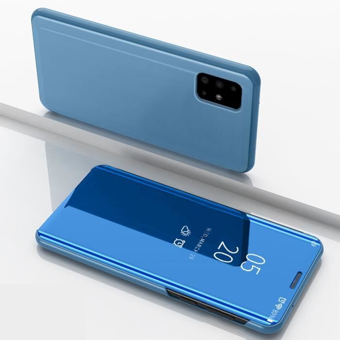 Coque Samsung Galaxy A51,Clear View Étui à Rabat Translucide Standing Support Miroir Antichoc Portable Housse - Bleu